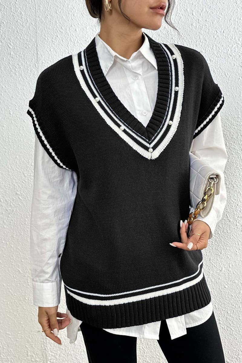 CWTSTL00989_WOMEN V NECK COLOR BLOCK STRIPED KNIT VEST