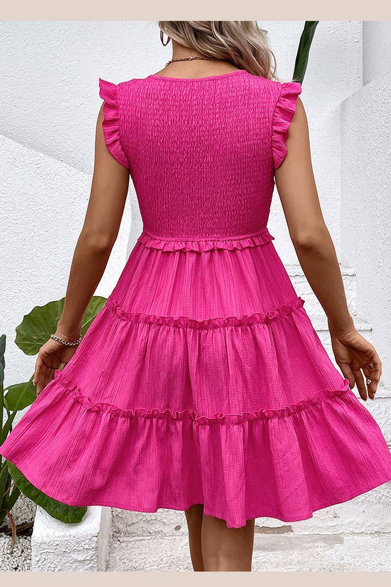 CWDSD2746_V-Neck Sleeveless Smocking Detailed Tiered Dress