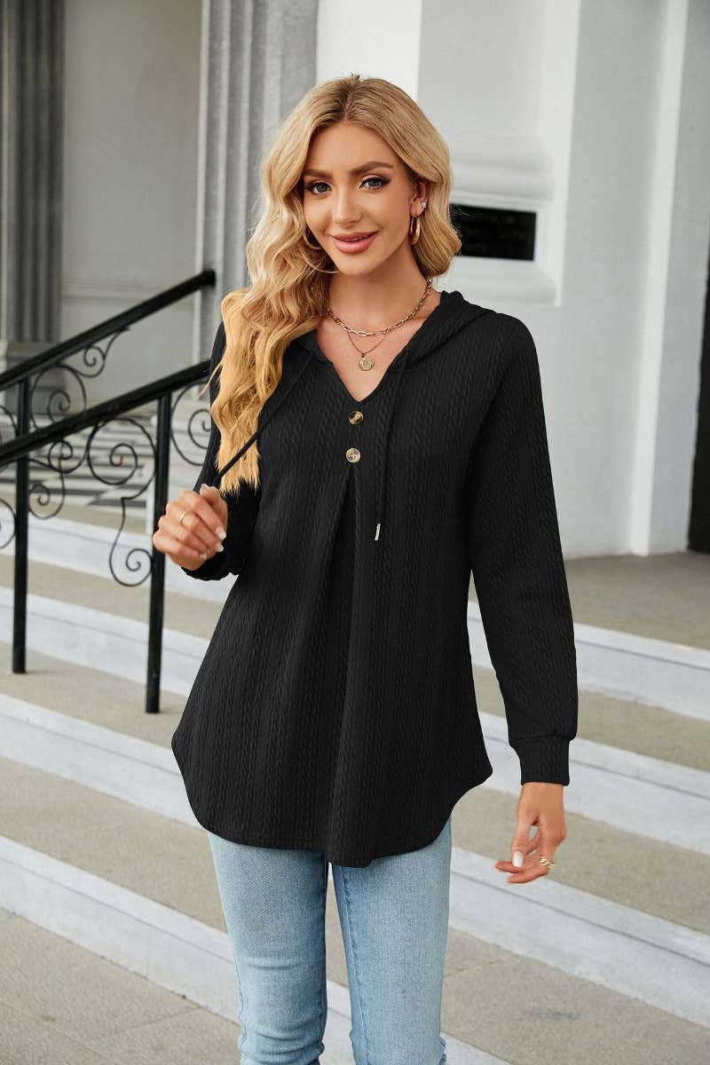 CWTBLL2794_FALL V-NECK HOODED LONG-SLEEVED KNIT TOP