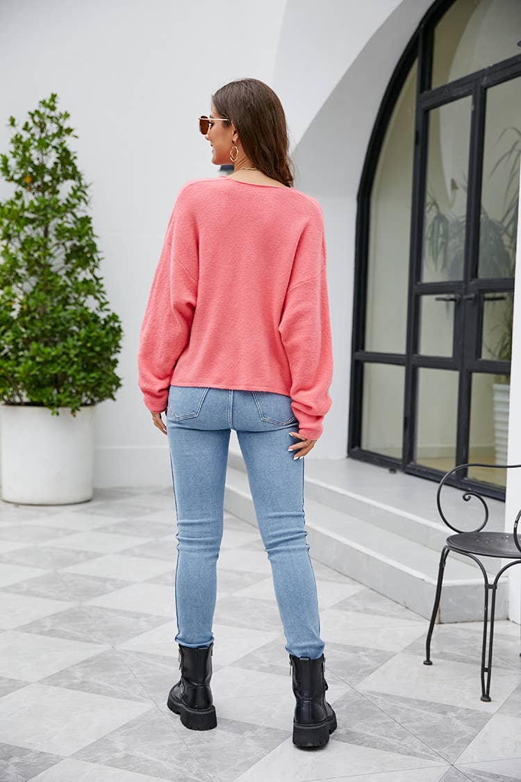 BAT-SLEEVED SOLID COLOR V-NECK SWEATER