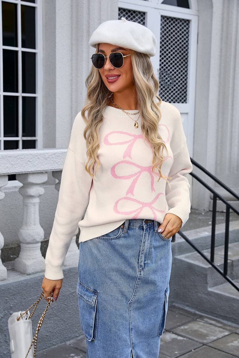 CWOSWL3117_BOW KNIT LONG SLEEVE PULLOVER SWEATER