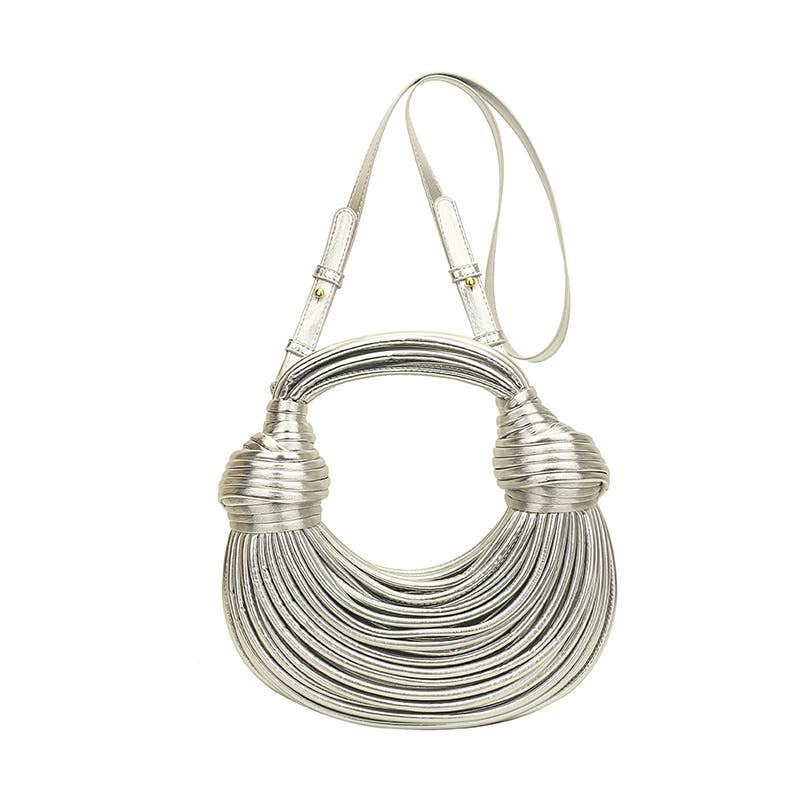 Metallic color striped appearance glossy handbag