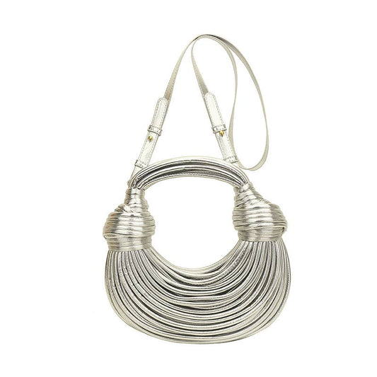 Metallic color striped appearance glossy handbag