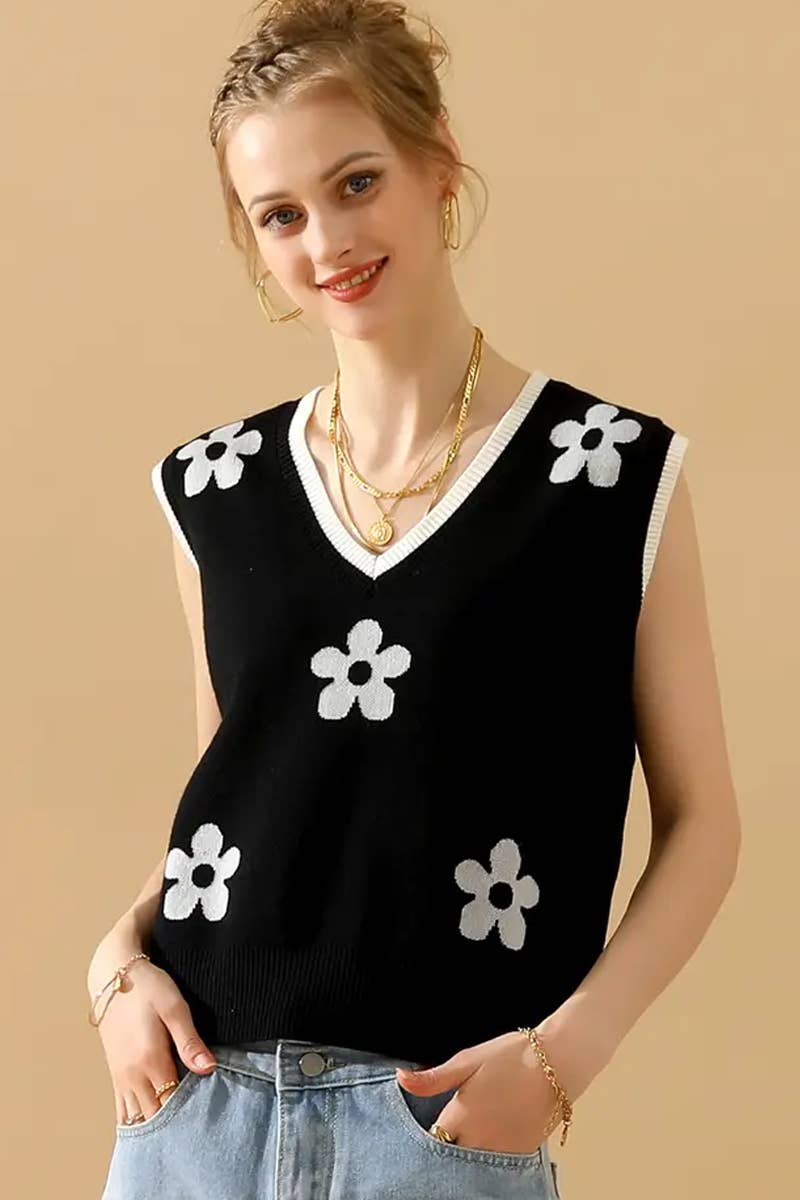 CWTBLS1762_SPRING AND SUMMER V-NECK SLEEVELESS FLORAL VEST