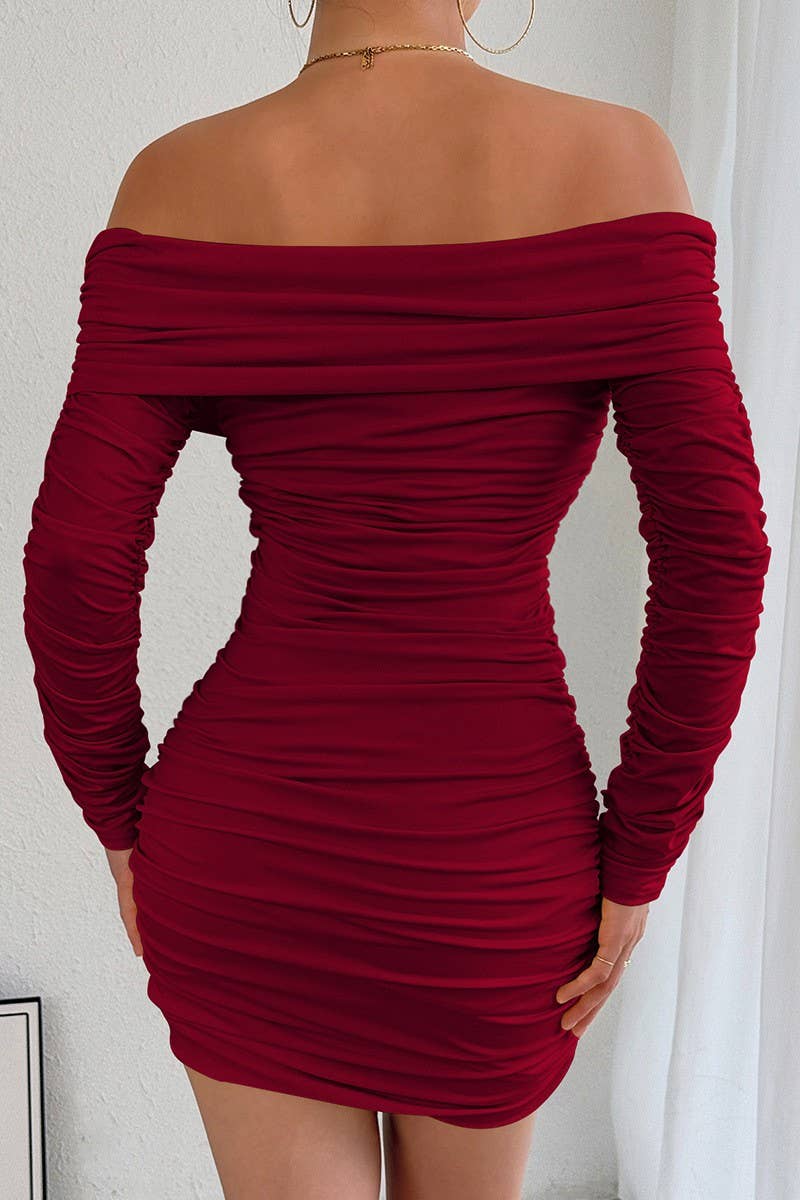 CWDSD10763_OFF SHOULDER LONG SLEEVE RUCHED BODYCON DRESS