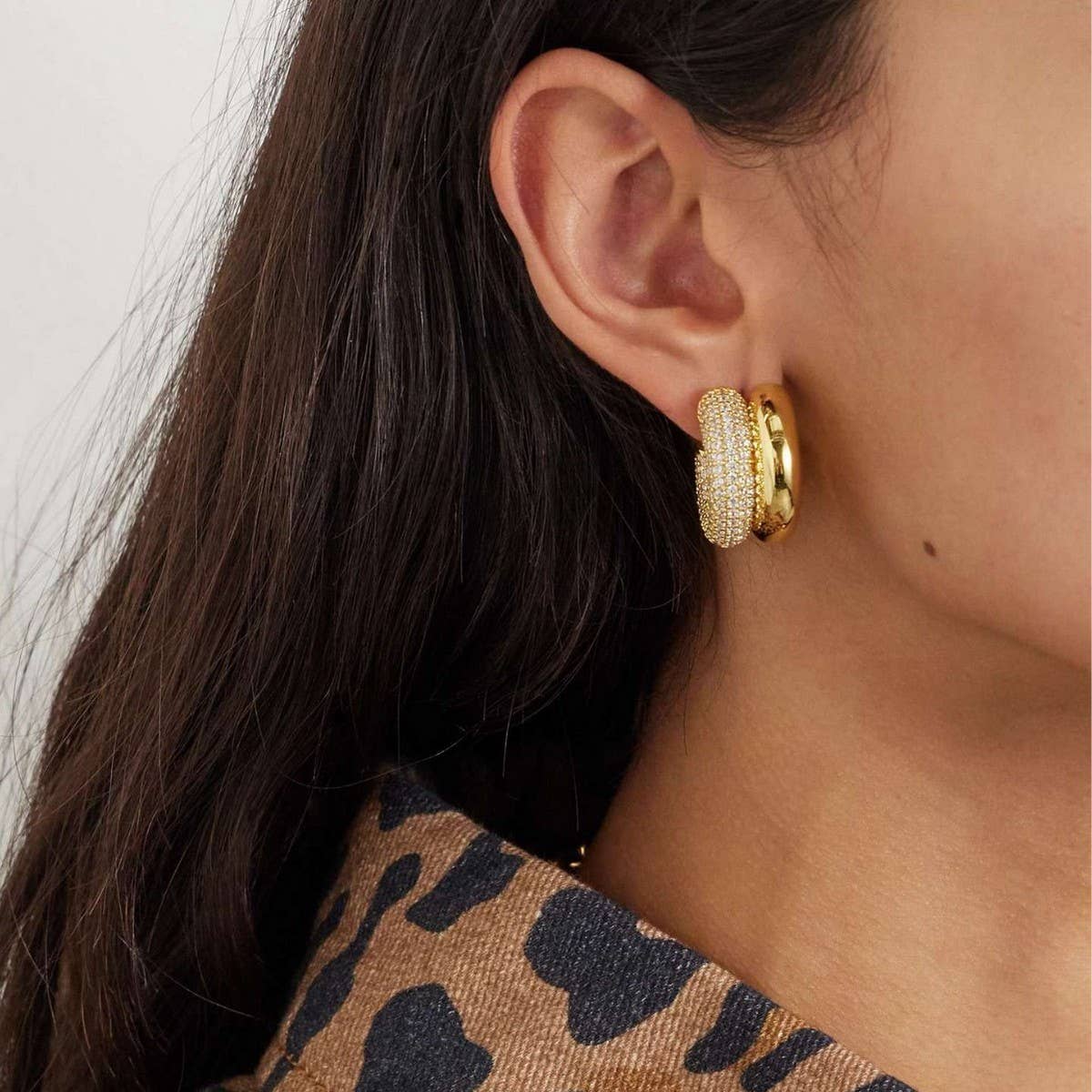 Elegant Double Hoop C-Shaped Zircon Stud Earrings
