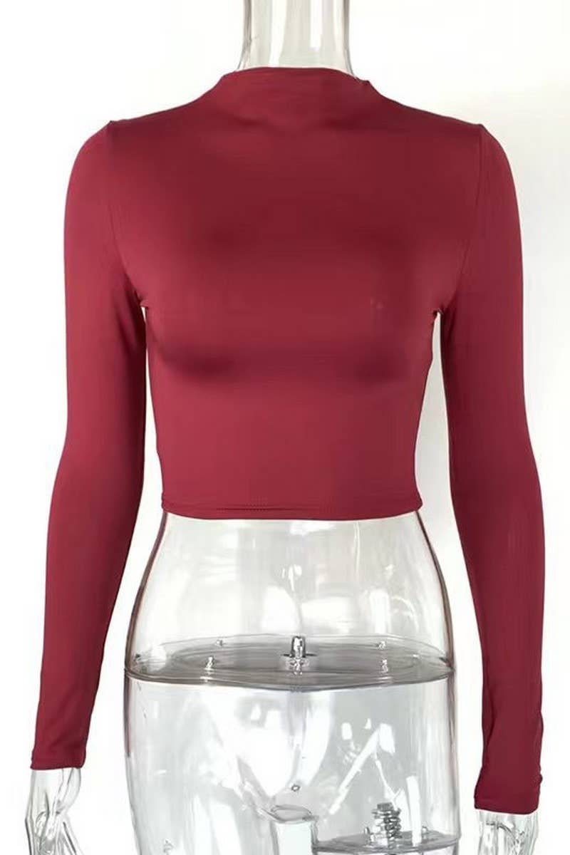 CWTTL1696_NAVEL-EXPOSED HALF-HIGH COLLAR T-SHIRT