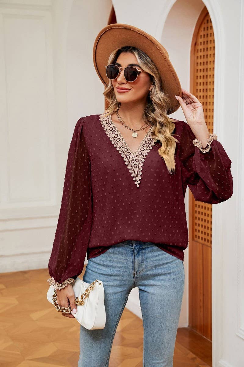 CWTBLL2386_JACQUARD V-NECK LONG-SLEEVED CHIFFON SHIRT TOP