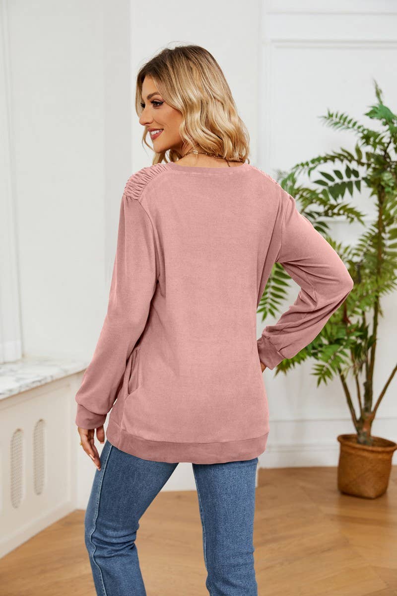CWTBLL2384_SOLID COLOR ROUND NECK LONG SLEEVE POCKET T-SHIRT