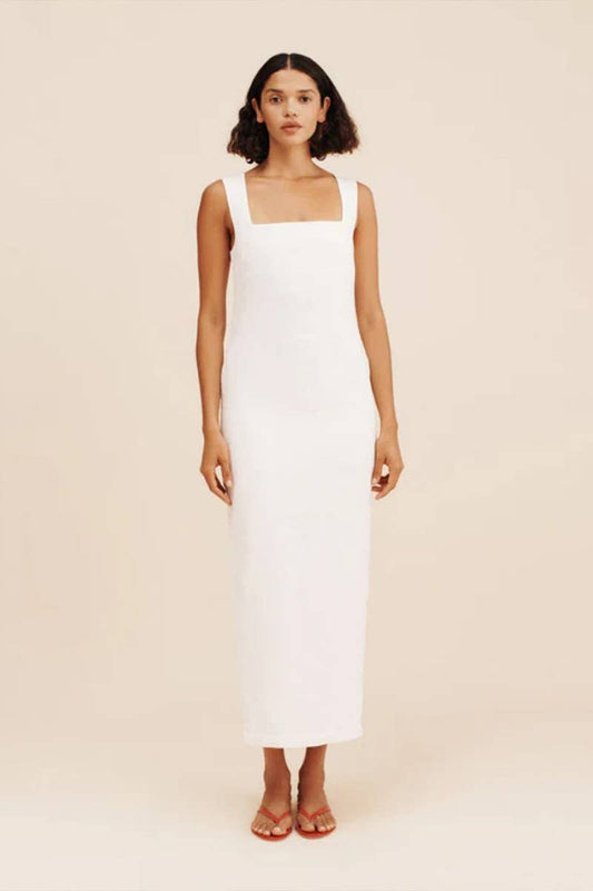 CWDMD5260_SOLID SQUARE NECK SLIM FIT COTTON-LINEN DRESS