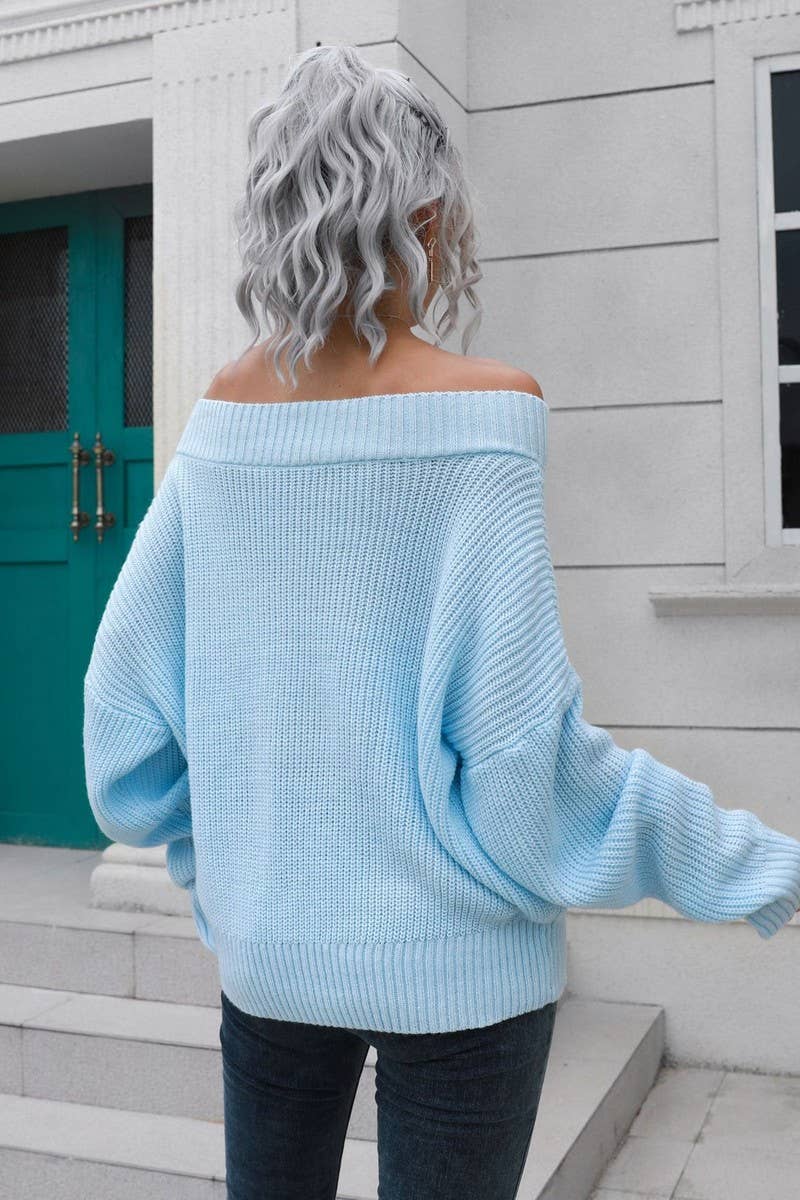 CWOSWL3882_OFF-SHOULDER LONG-SLEEVED KNITTED SWEATER