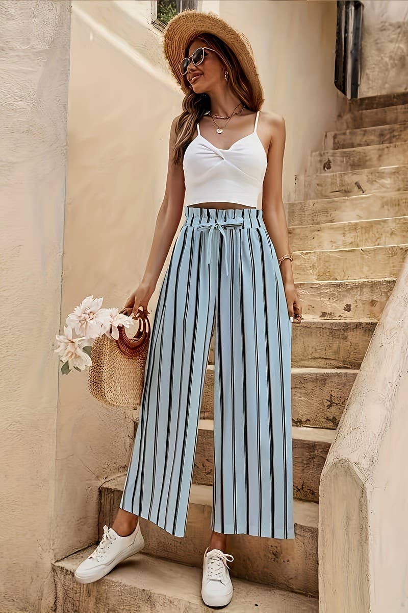 CWBLP2078_HIGH WAIST LOOSE FIT SLIM STRIPED WIDE LEG PANTS