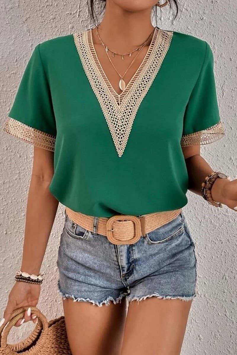 CWTBLS0826_V-NECK LACE CASUAL SOLID COLOR SHIRT