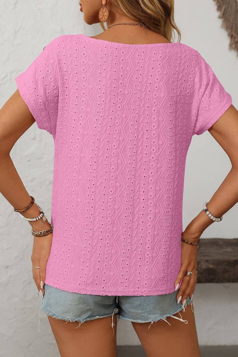 CWTBLS1709_ROUND NECK BUTTON SHORT SLEEVE CUTOUT TOP