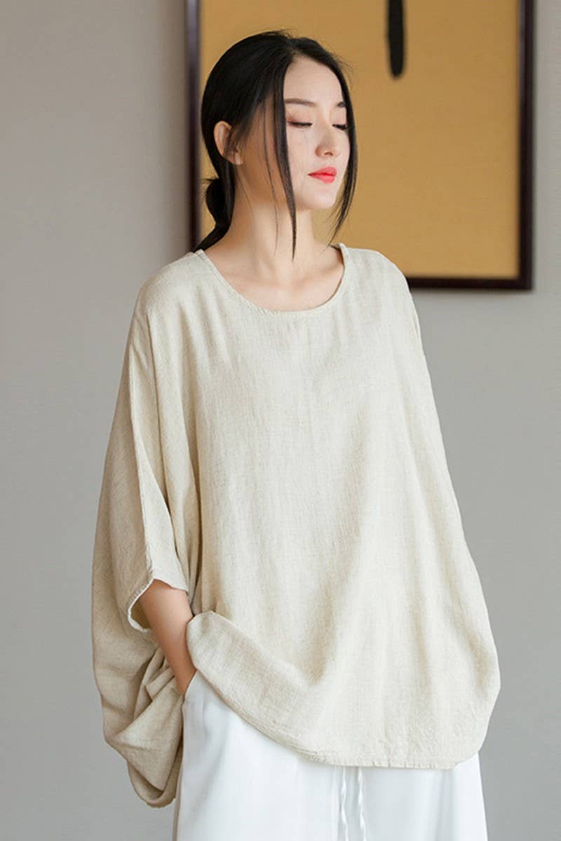 CWTBLS1454_LINEN BATWING SLEEVE SUN PROTECTION TOP