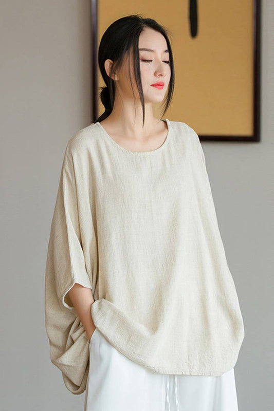 CWTBLS1454_LINEN BATWING SLEEVE SUN PROTECTION TOP