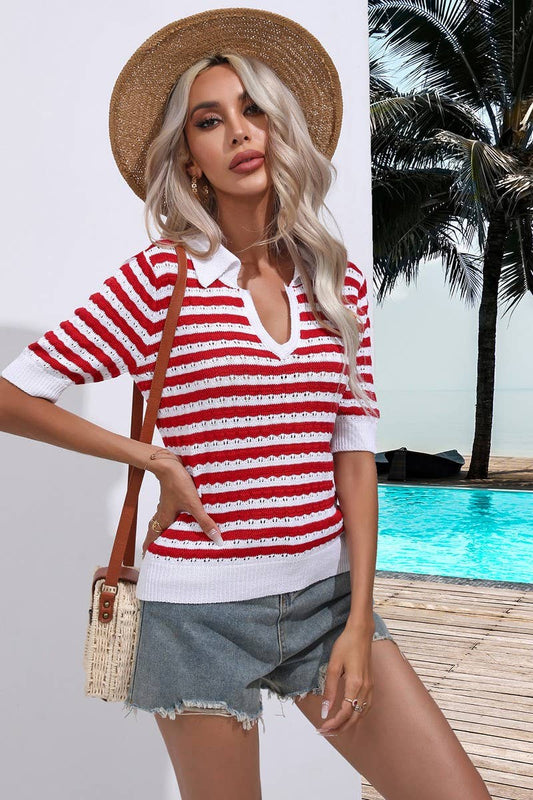 CWOSWS0061_Casual V-Neck Short Sleeve Pullover Sweater