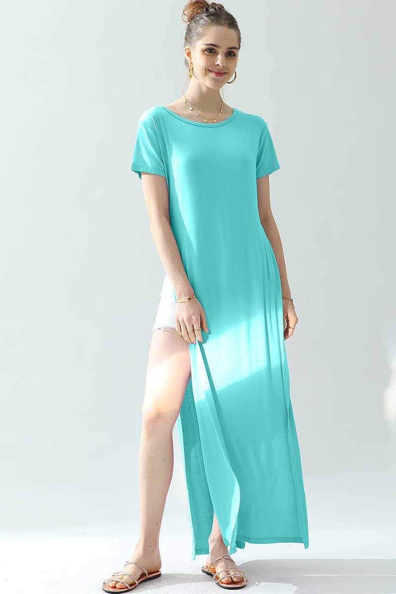 CWDMD824_ROUND NECK SHORT SLEEVE LONG DRESS WITH SLIT