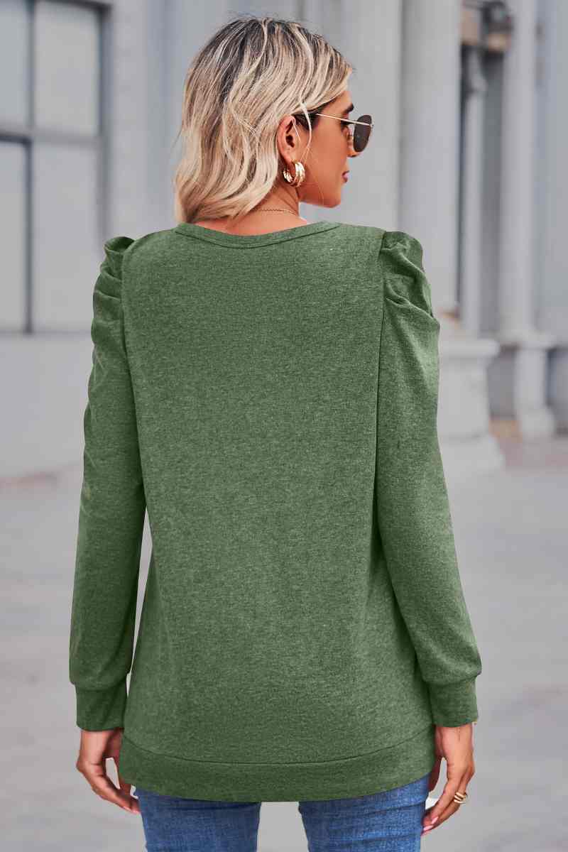 CWTBLL2844_LOOSE CREW-NECK PLEATED LONG-SLEEVED TOP
