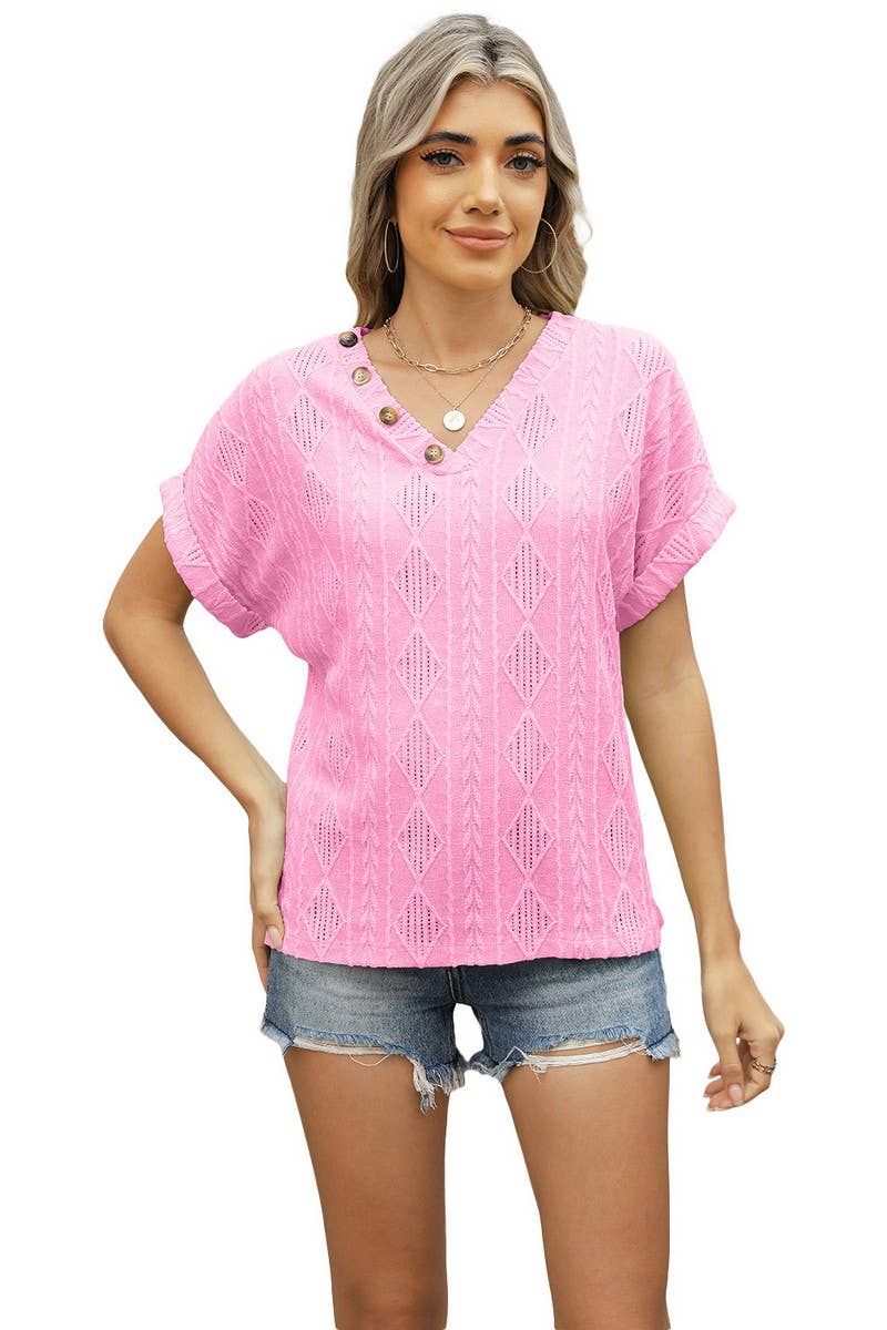 CWTBLS1704_V-NECK JACQUARD BUTTON SHORT-SLEEVED HOLLOW TOP