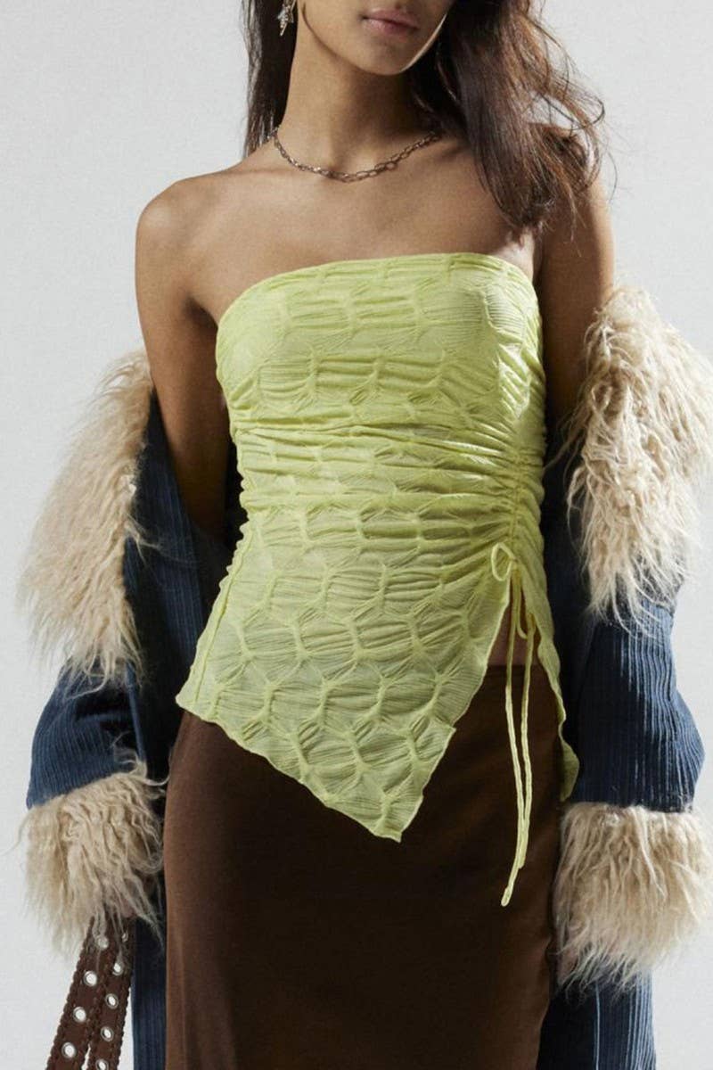 CWTTT0074_SOLID RUCHED STRAPLESS ASYMMETRICAL TIE CROP TOP