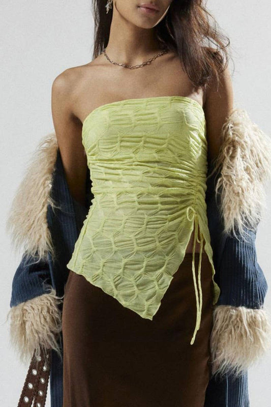 CWTTT0074_SOLID RUCHED STRAPLESS ASYMMETRICAL TIE CROP TOP