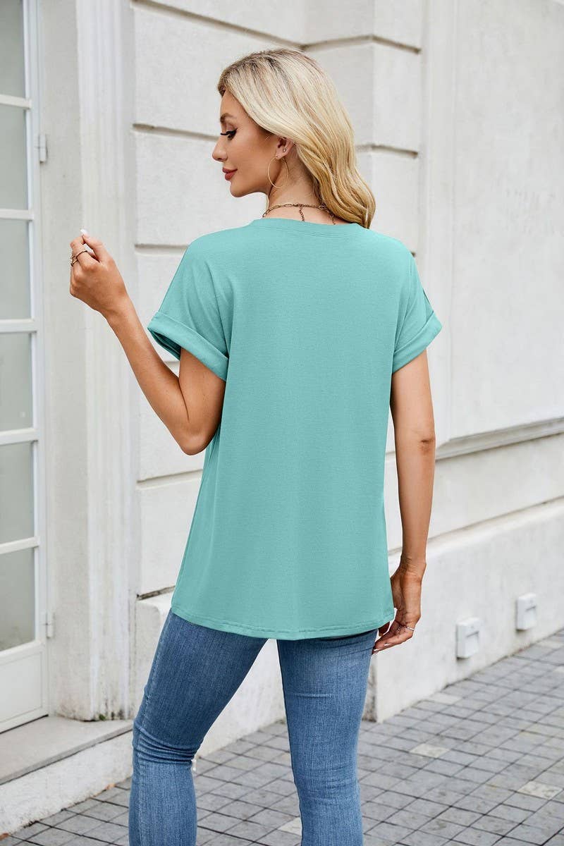 CWTBLS1728_SOLID COLOR ROUND NECK T-SHIRT SHORT SLEEVE TOP