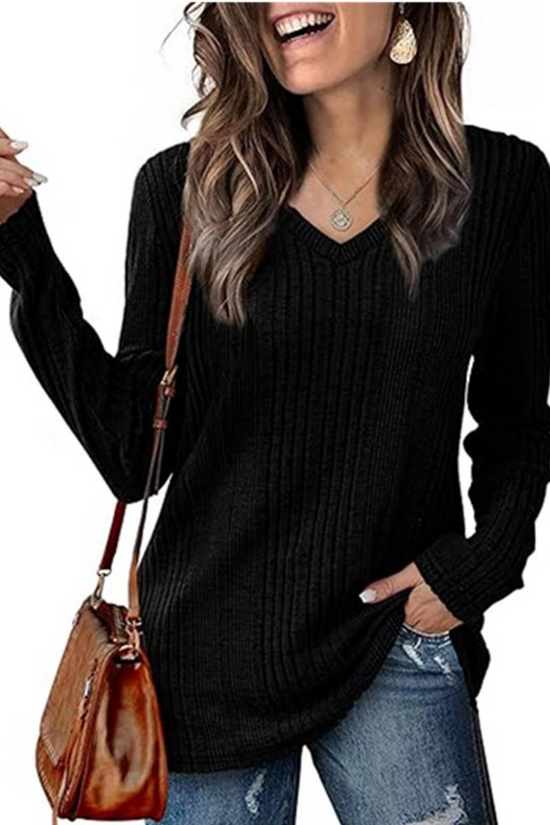 CWOSWL6559_V-NECK SOLID COLOR LONG-SLEEVED KNITTED SWEATER