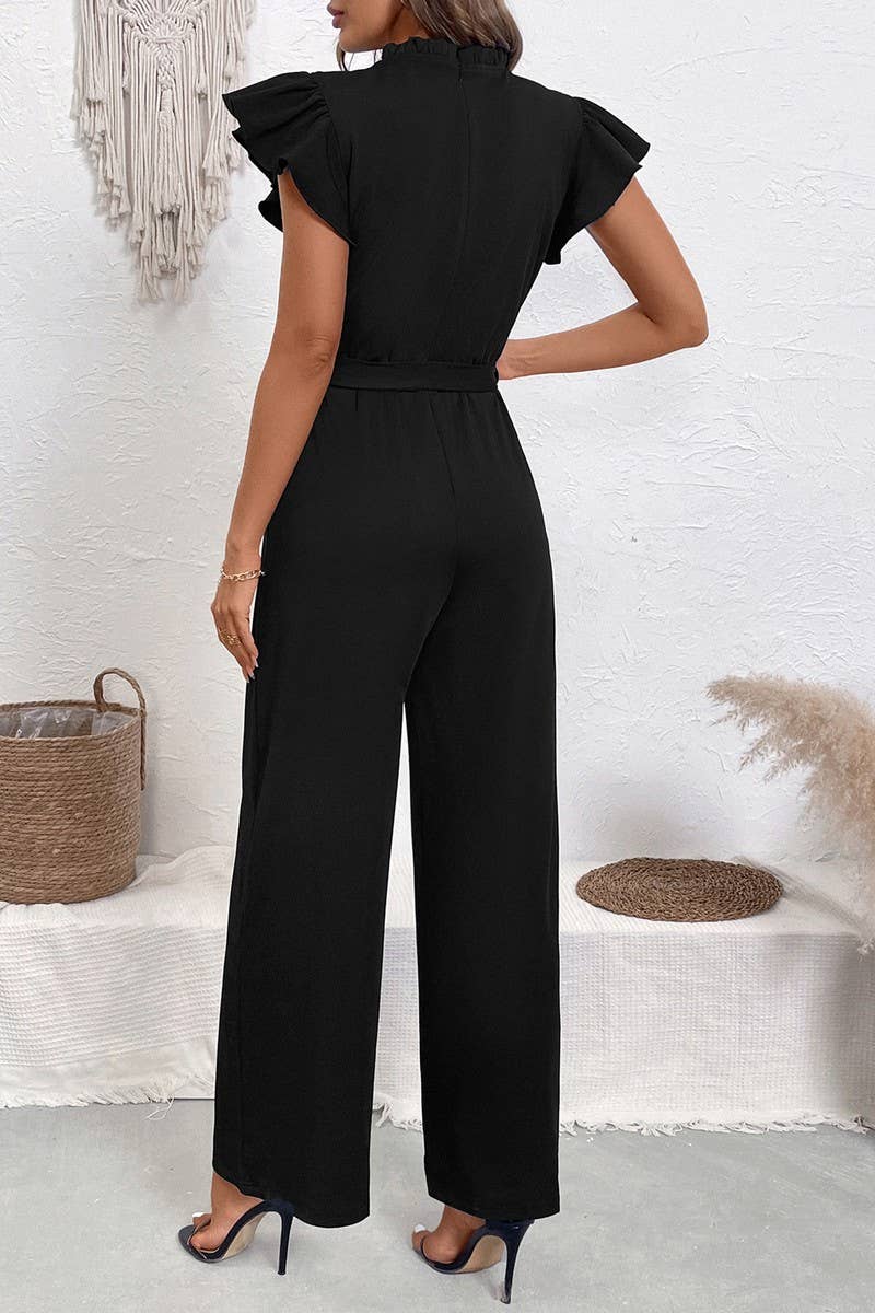 CWSJS1762_SOLID RUFFLE SLEEVE HIGH NECK BELTED JUMPSUIT