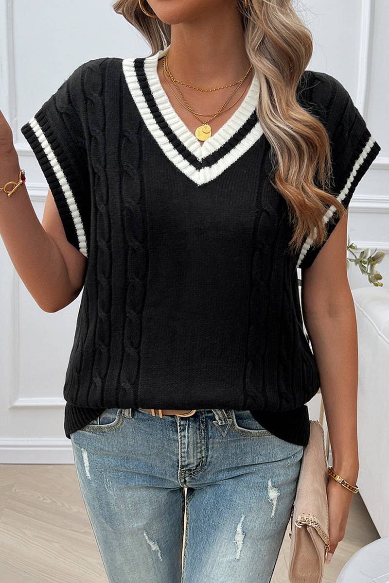 CWOV0454_V-NECK CONTRAST VEST KNITTED SWEATER