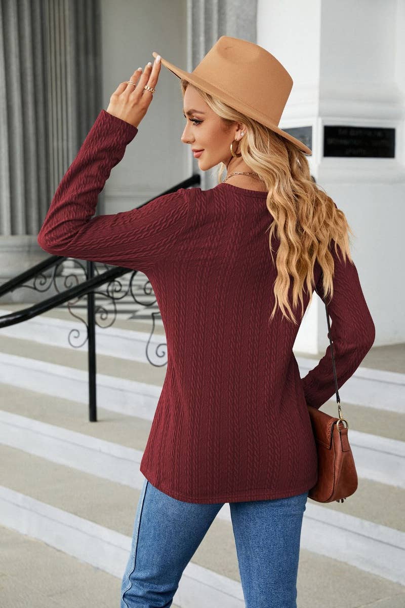 CWTBLL2807_WINTER V-NECK BUTTON-UP LONG-SLEEVED TOP