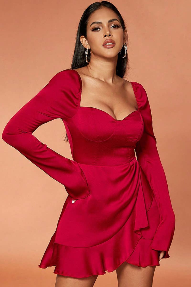 CWDSD4269_LONG-SLEEVED SLIM-FIT PEPLUM SHORT DRESS