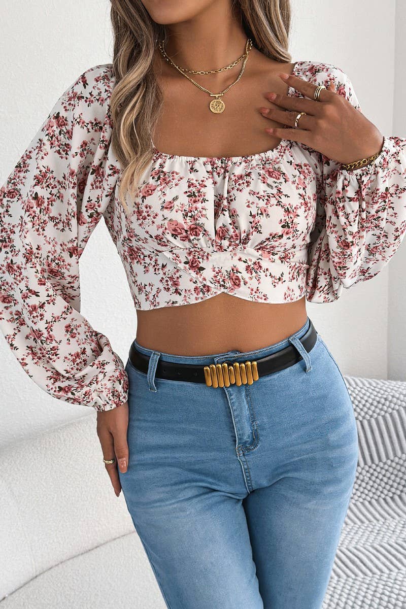 CWTBLL3974_FLORAL CHIFFON LANTERN SLEEVE TIE WAIST CROP TOP