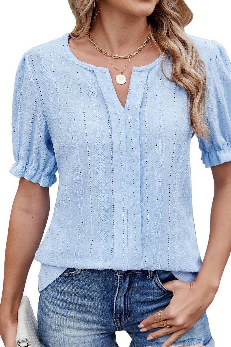 CWTTS1331_SUMMER V-NECK LOOSE PUFF SLEEVE JACQUARD T-SHIRT