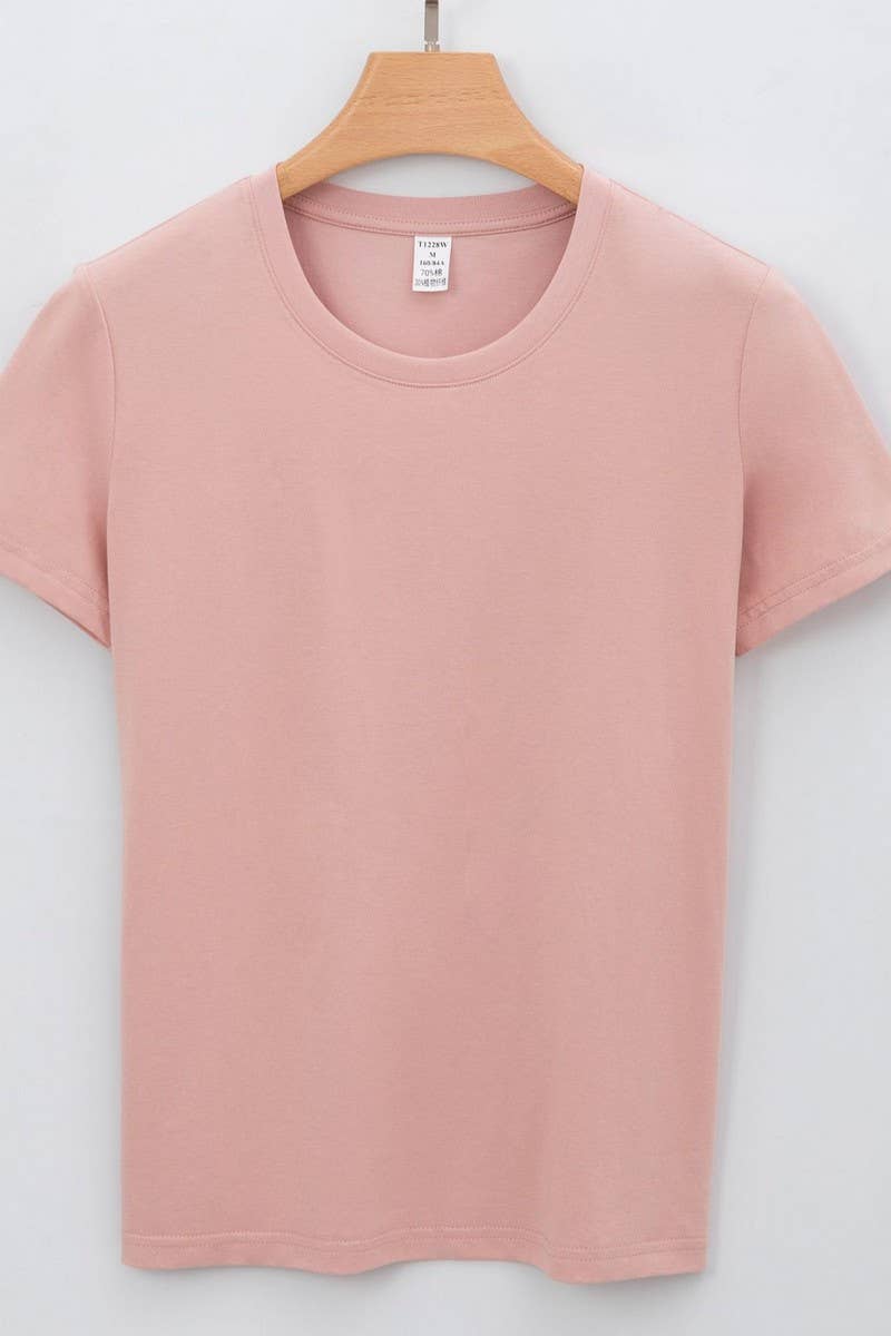 CWTTS1039_SOLID COLOR CASUAL ROUND NECK WOMEN T-SHIRT