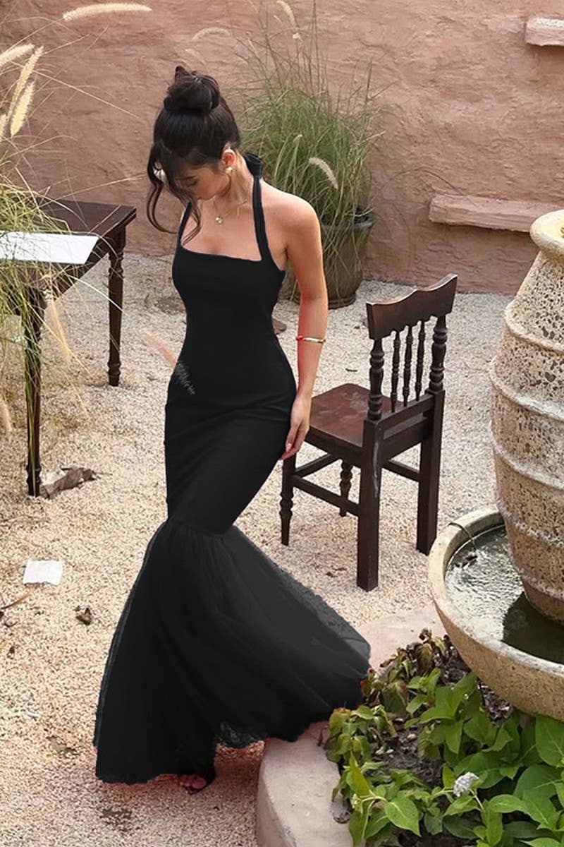 CWDHL0794_HALTER NECK FISHTAIL BACKLESS STITCHING DRESS