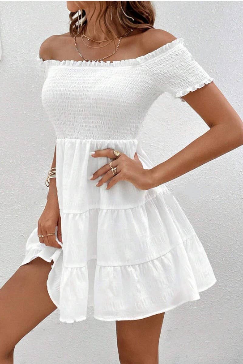 CWDSD8535_OFF SHOULDER RUFFLE TRIM PATCHWORK DRESS