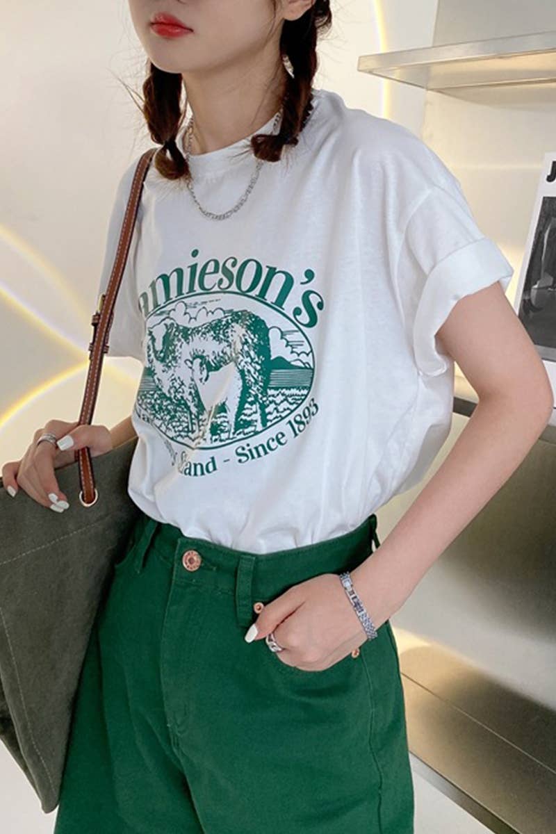 CWTTS1003_LAMB PRINT ROUND NECK SHORT SLEEVED T SHIRT