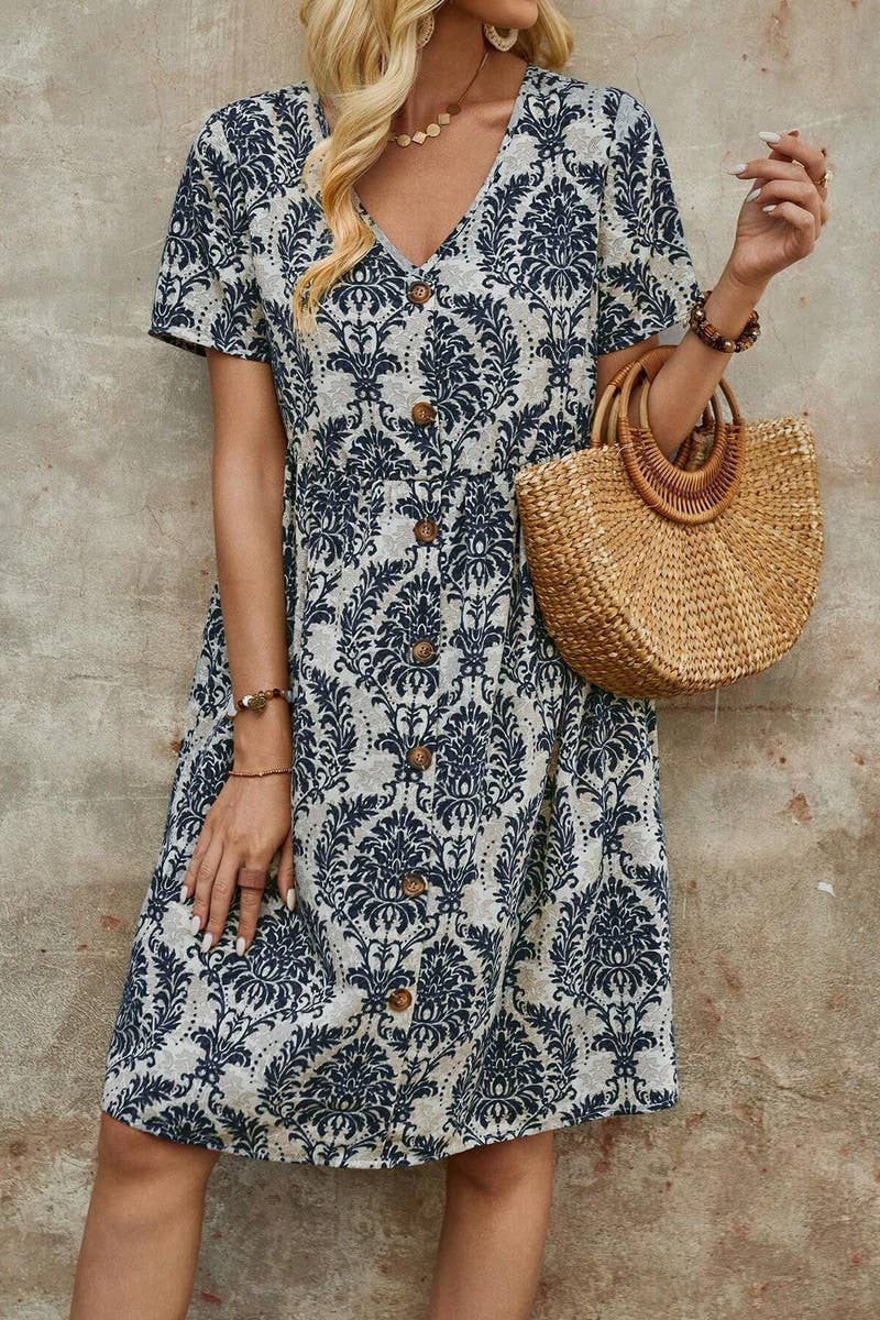 CWDSD7522_SUMMER FASHION PRINTED V-NECK LOOSE DRESS