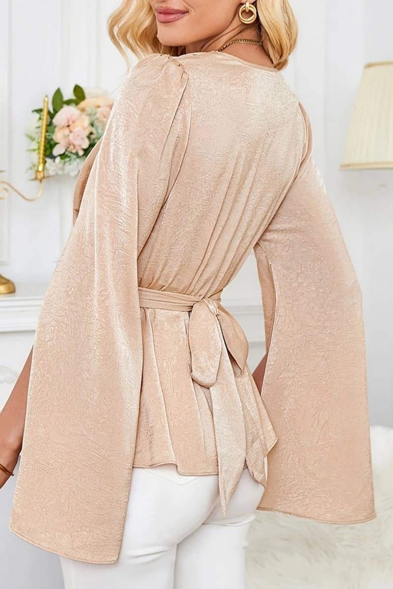 CWTSTL2812_DRAPED WAIST TIE-WAIST FITTED LONG SLEEVE TOP