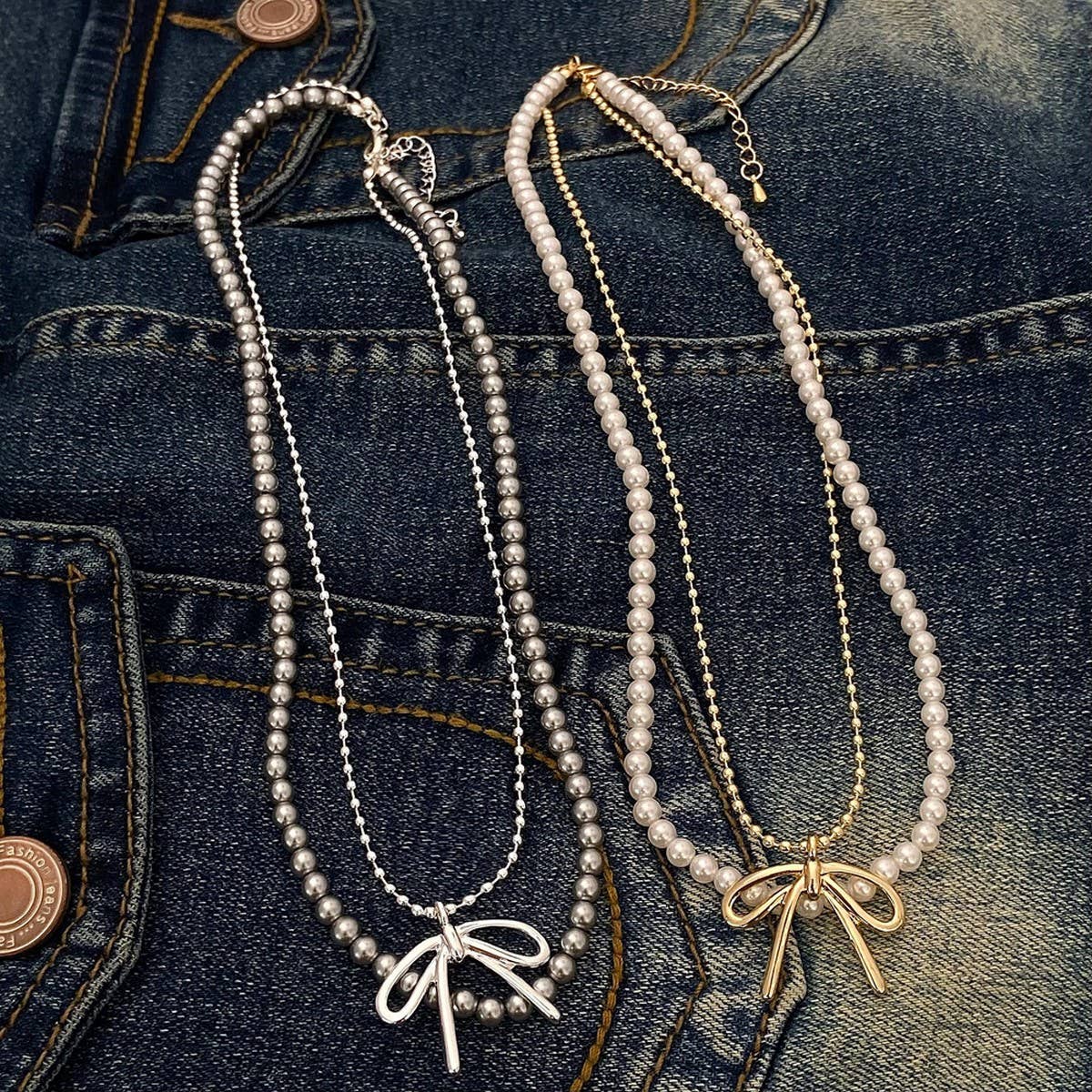 FASHIONABLE TASSEL BOW PEARL DOUBLE LAYER NECKLACE