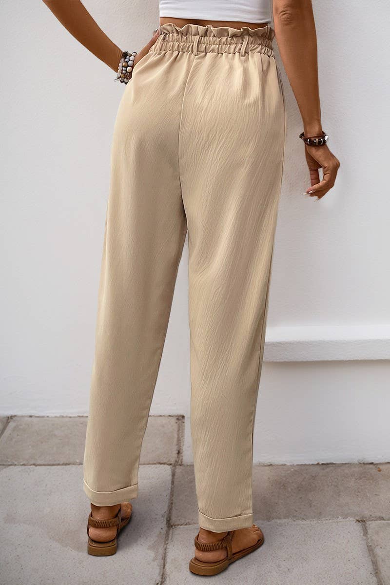 CWBLP00936_BEIGE ELASTIC WAIST POCKET STRAIGHT LEG PANTS