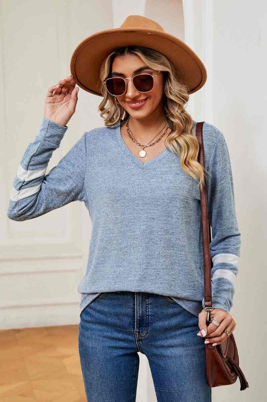 CWOSWL6552_V-NECK LONG SLEEVE STRIPED COLOR MATCHING TOP