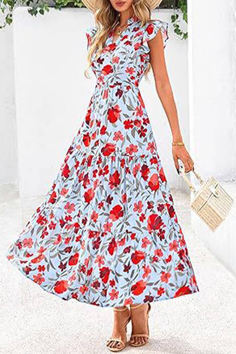 CWDMD6342_V-NECK PLEATED FLYING SLEEVES PRINTED MIDI DRESS