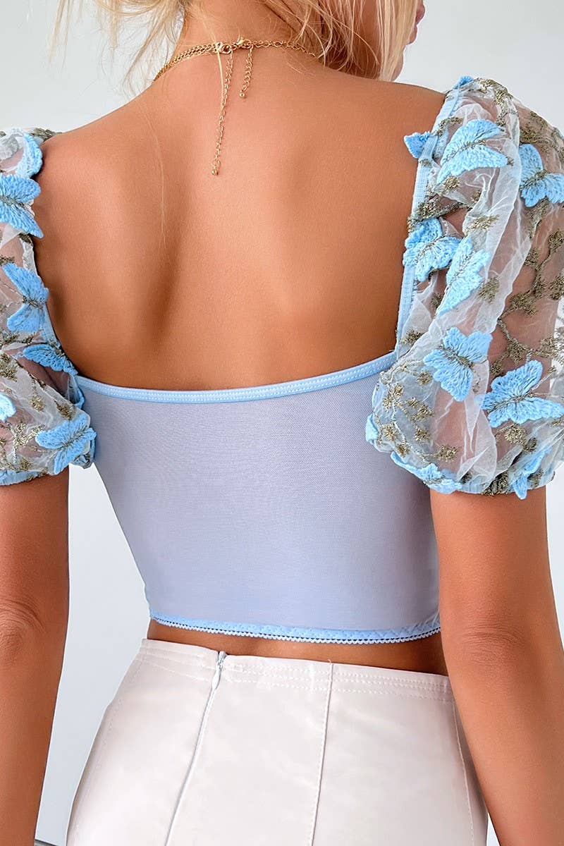 CWTBLS0491_DEEP V-NECK SHORT SLEEVE SEXY MESH PRINT TOP