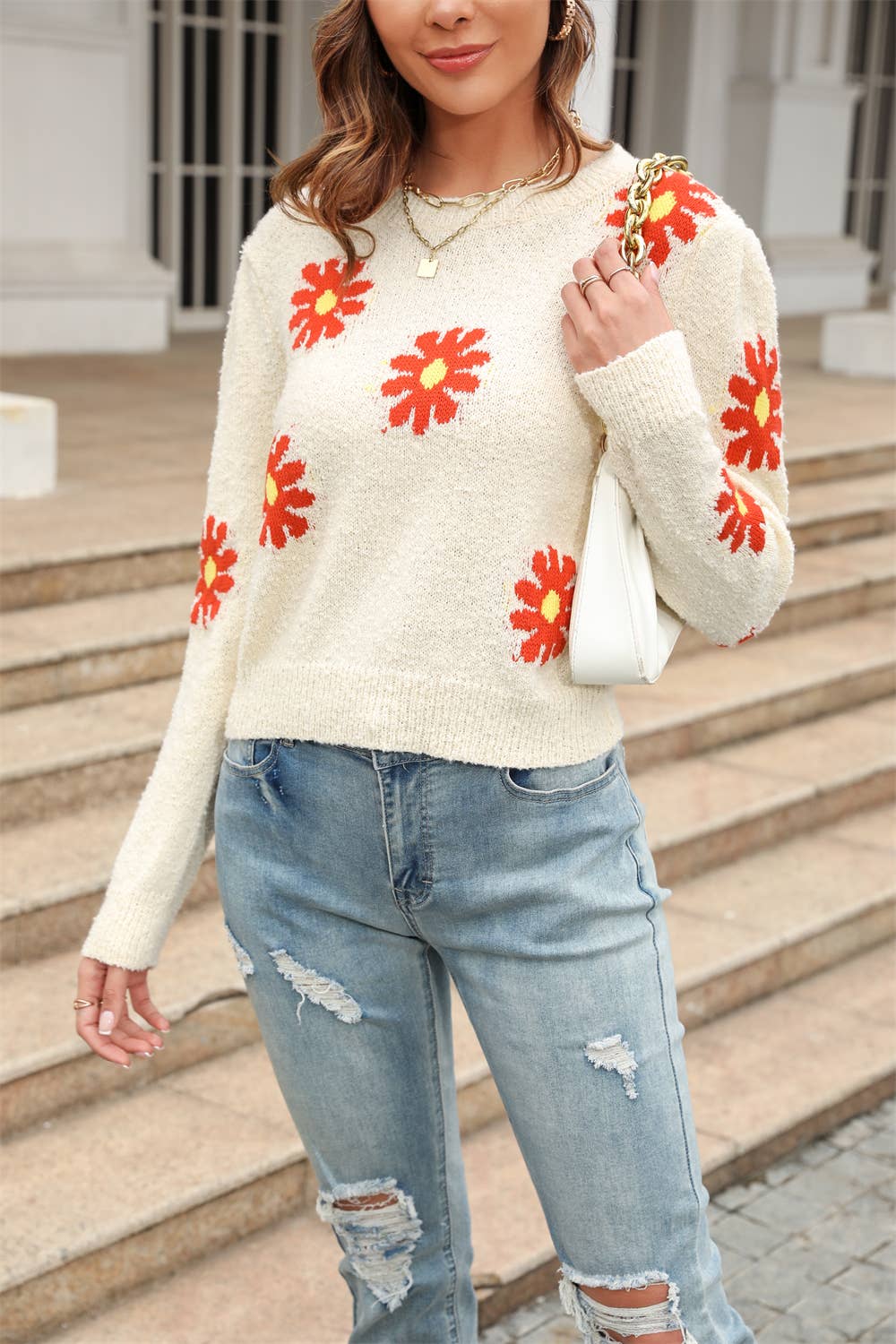 DAISIES ROUND NECK FLOWER KNIT FASHION SWEATER