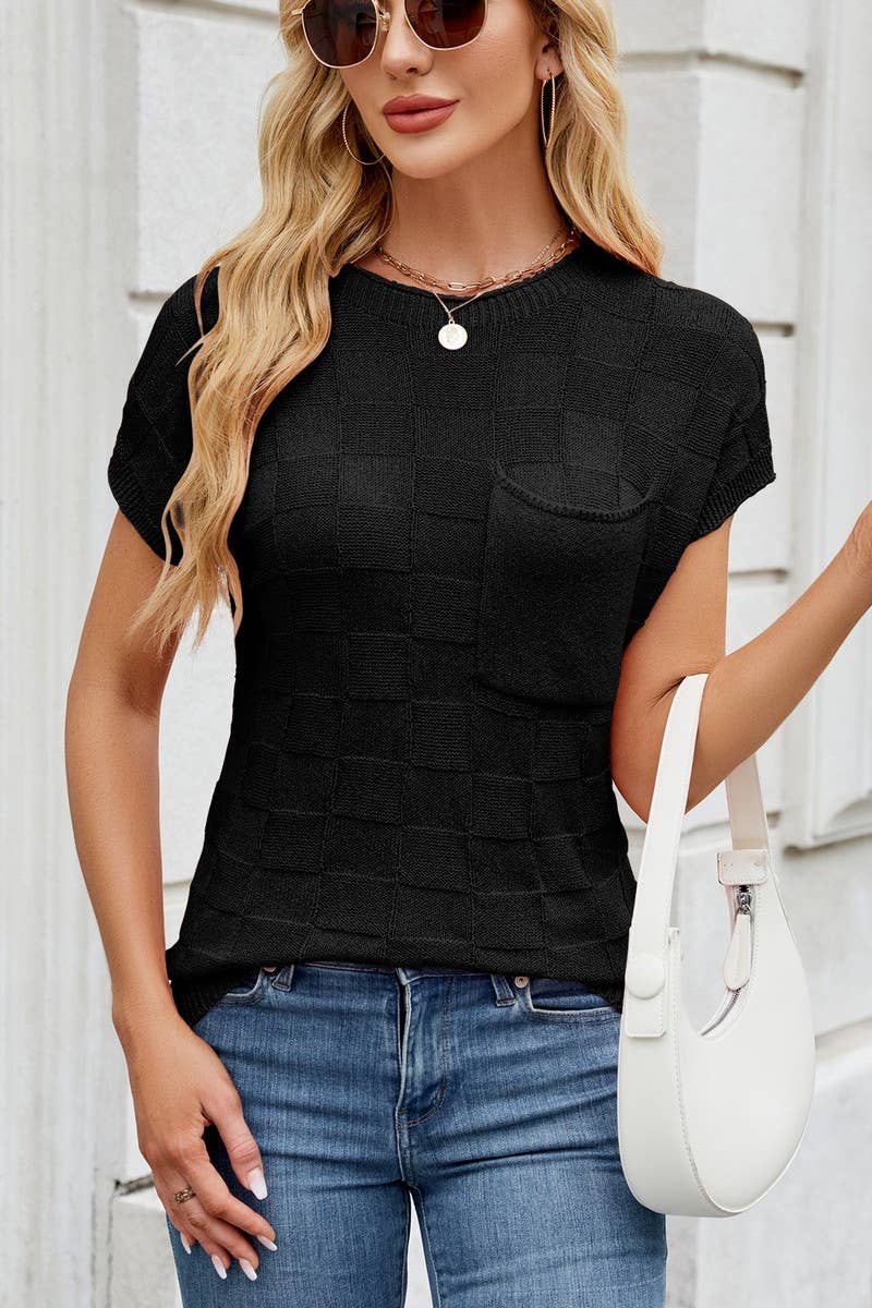 CWTBLS02497_SMALL CHECK CASUAL SHORT SLEEVE KNIT TOP