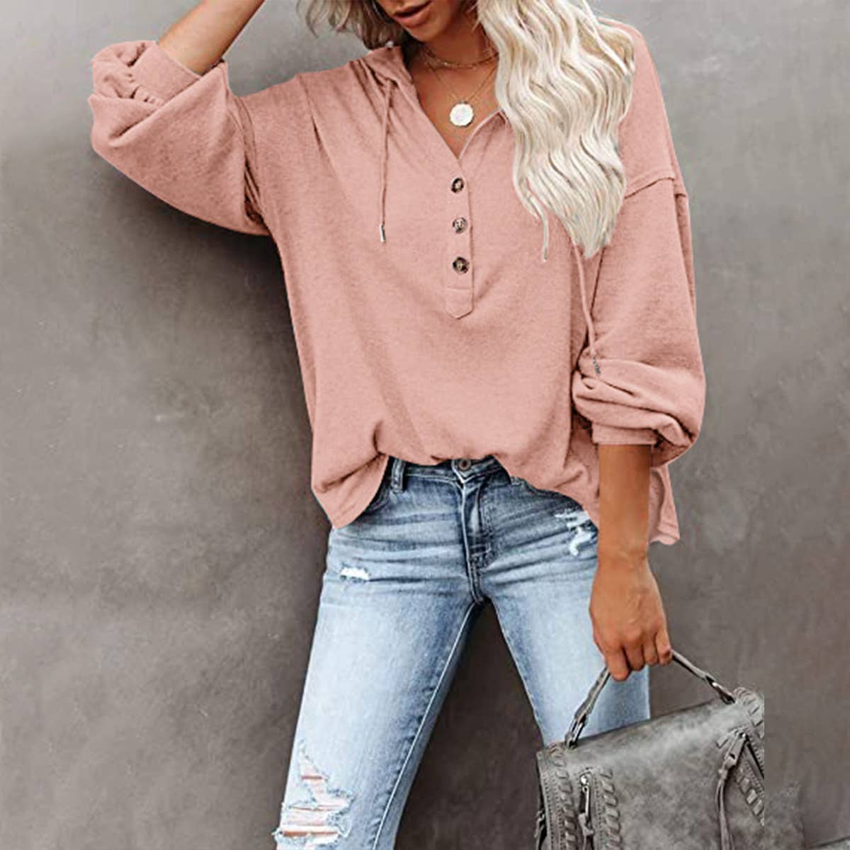 Casual loose solid color hoodie hoodie