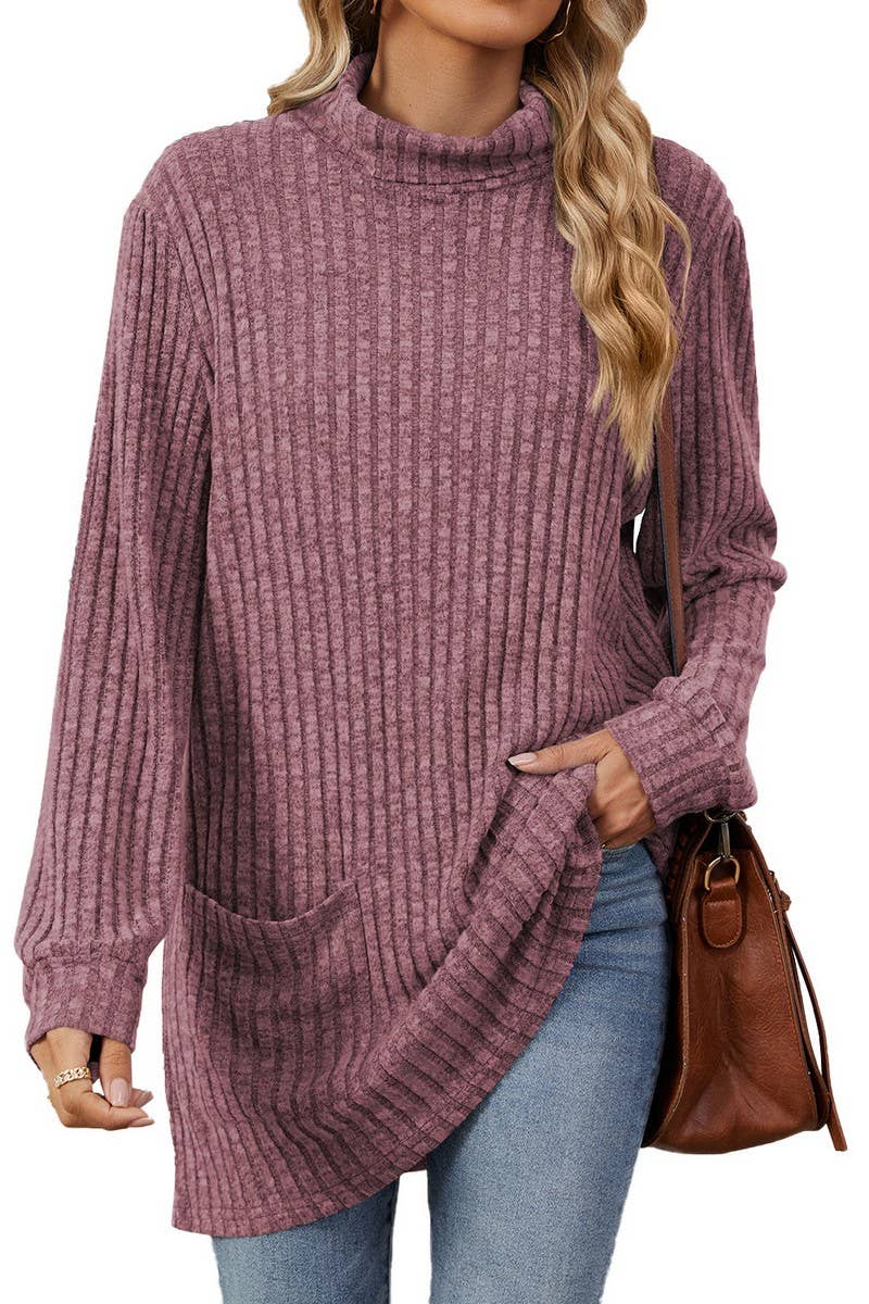 CWTBLL1200_SOLID COLOR RIBBED HALF TURTLENECK POCKET TOP