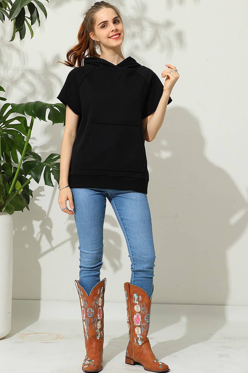 CWOHOS010_SHORT SLEEVE HOODIE SWEATSHIRT KANGAROO POCKET